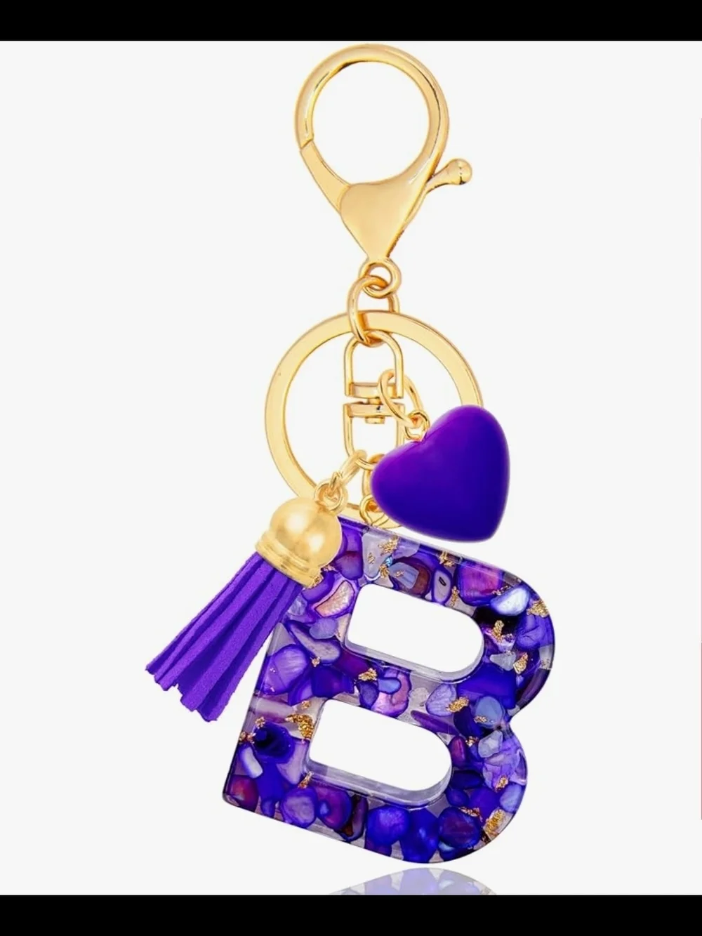 Gold-Tone Purple 'B' Initial Keychain Charm with Tassel and Heart